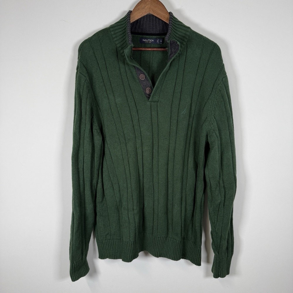 Nautica Men's XL Ribbed Sweater Green Quarter-Button Grey Collar